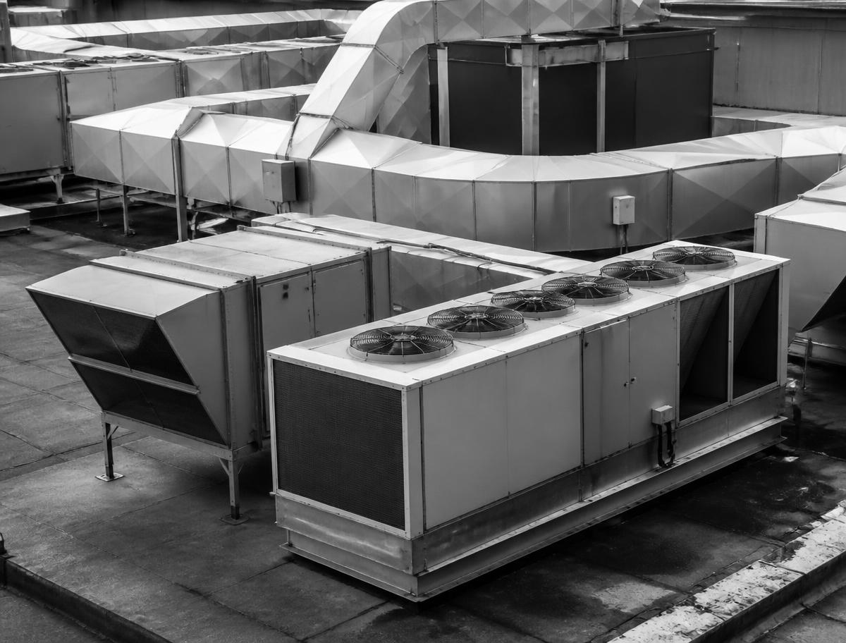 Commercial rooftop HVAC units and ductwork